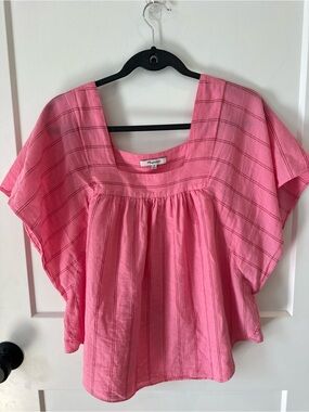 Madewell Pink Striped Square-Neck Flutter Sleeve Blouse